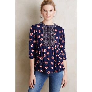 Anthropologie One September Blue Marlee Bib Blouse Bohemian Top Swing XS